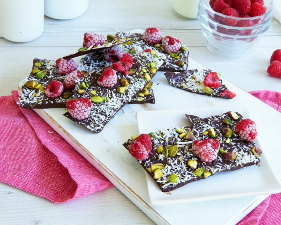 Raspberry, Pistachio and Coconut Chocolate Bark